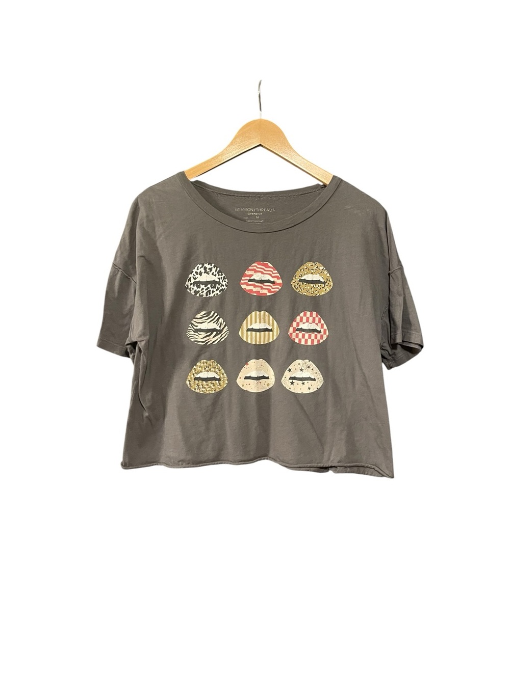 Grayson Threads Gray Crop Tee with Multicolor Lip Prints - Picture 2 of 3